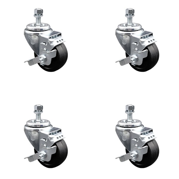 Service Caster 3.5 Inch SS Soft Rubber Wheel Swivel 3/8 Inch Threaded Stem Caster Set Brake SCC SCC-SSTS20S3514-SRS-TLB-381615-4 - main
